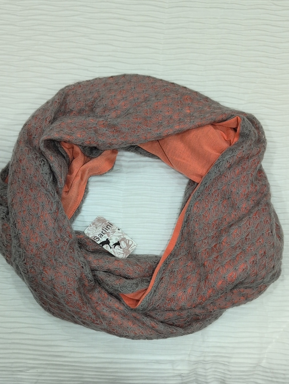NWT Sarlini Soft Knit Infinity Scarf in Gray and Coral